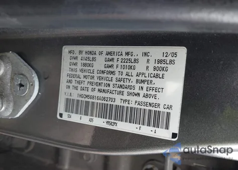 2006 Honda Accord 2.4 Ex из США, поврежденный, VIN 1HGCM56816A062703